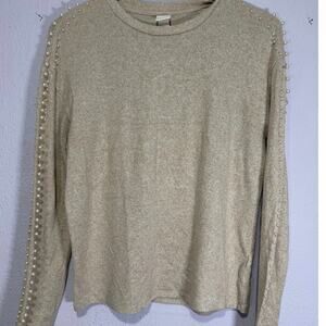 H&M Sweater Pullover Pearl Beaded Sleeve Soft Chic Quiet Luxury Oatmeal Womens S